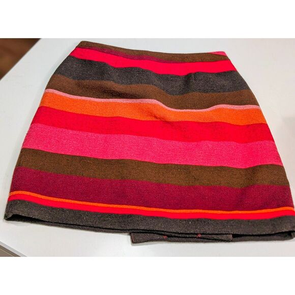 LOFT Petite Wrap Mini Skirt Wool Blend Striped Red Brown 4P Fall - Picture 6 of 10